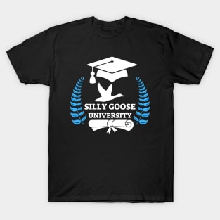 Silly Goose University - Flying Goose White Design With Blue Details T-Shirt